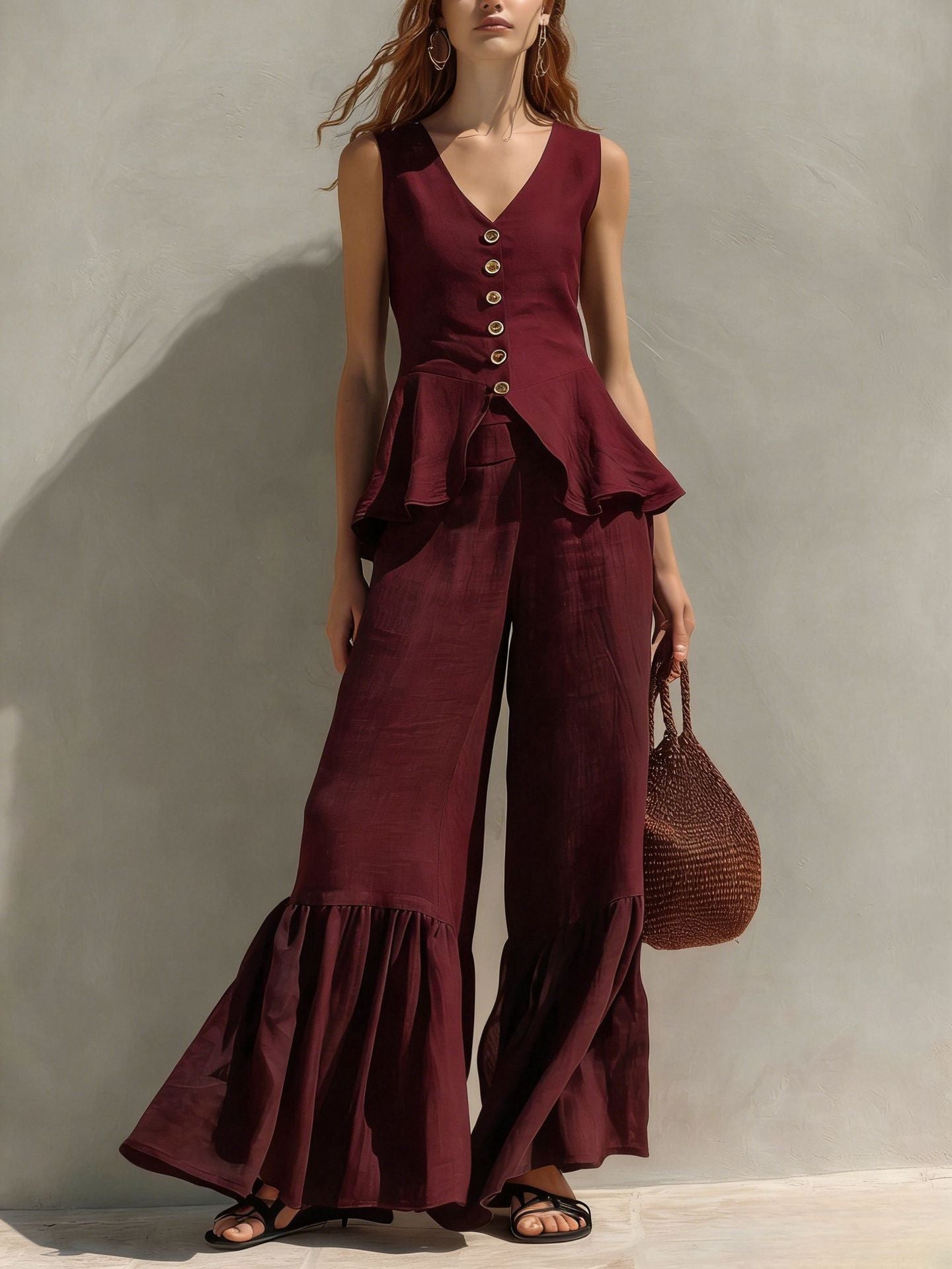 Mustard Linen-Blend Peplum Top & Ruffled Wide-Leg Pants Set