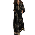 High Waist Wide Leg Pants Two Piece Set, Luxury Satin Elegant Vacation Matching Outfit