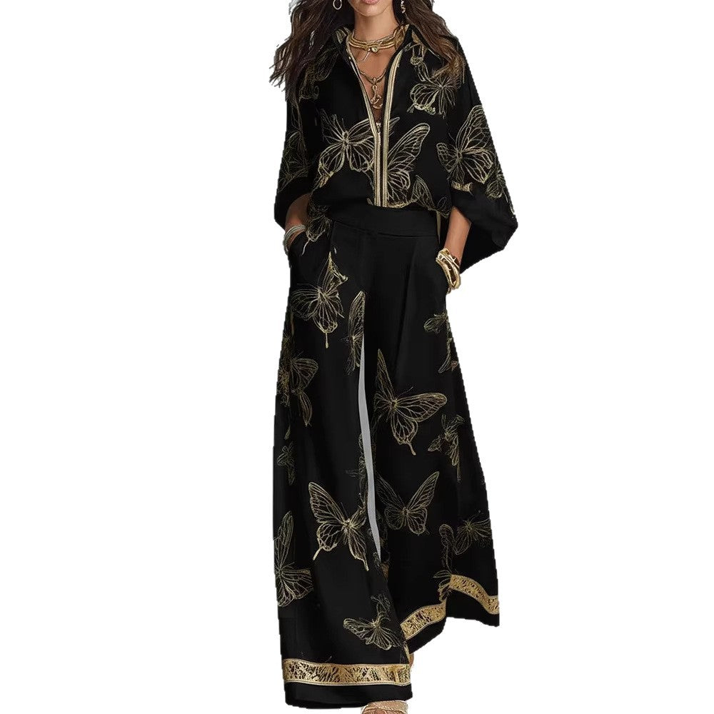 High Waist Wide Leg Pants Two Piece Set, Luxury Satin Elegant Vacation Matching Outfit