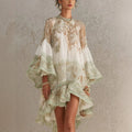 Boho Printed Ruffled Flare Sleeve Stretchy Polyester Womens Mini Dress