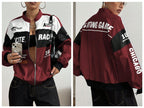 Women Color Block Racing Jacket Zip Up Letter Print Bomber Jacket Y2K Streetwear