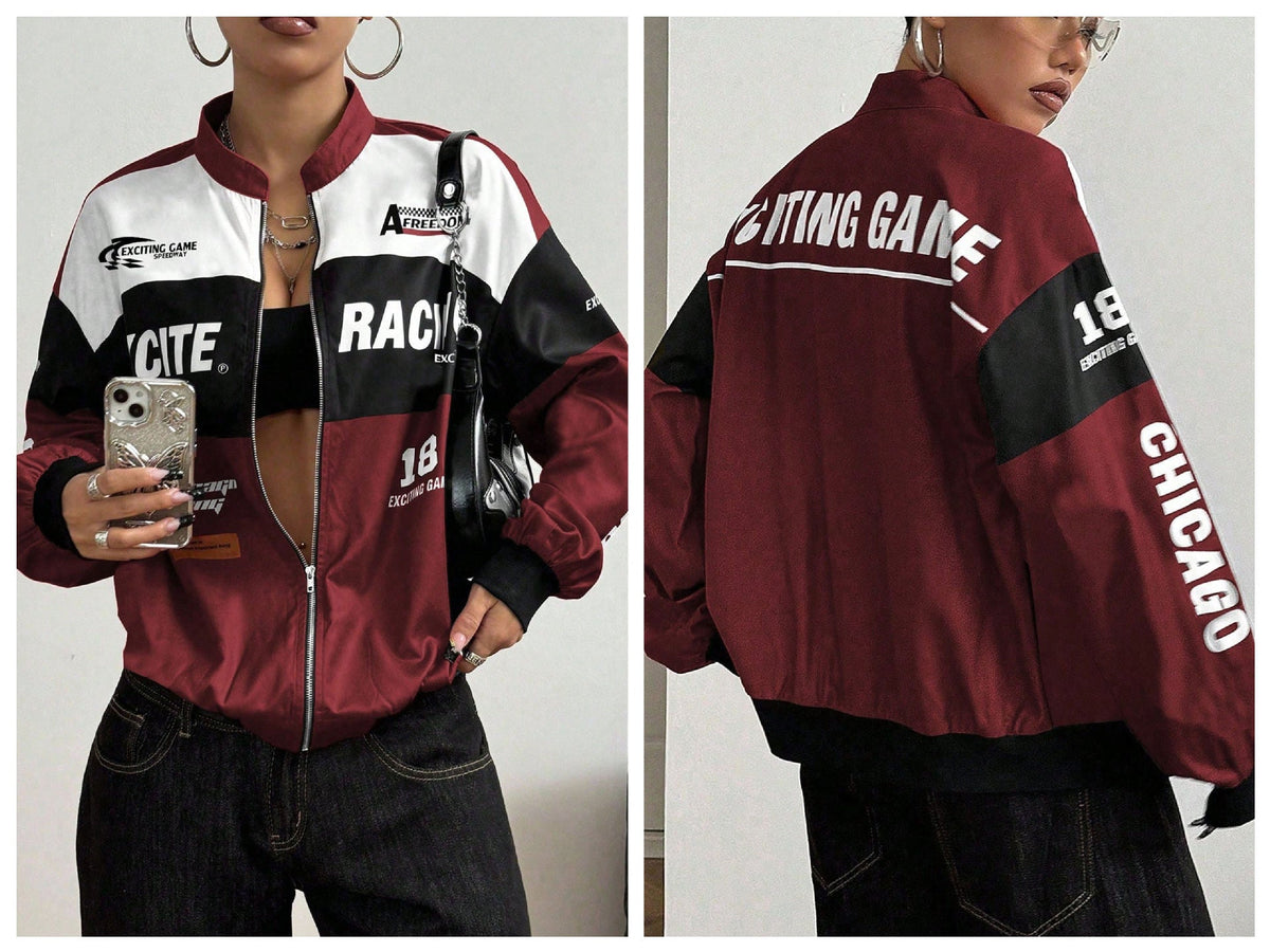 Women Color Block Racing Jacket Zip Up Letter Print Bomber Jacket Y2K Streetwear