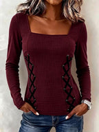 Women's Square Neck Waffle Knit Long Sleeve Top With Side Lace Up Detail