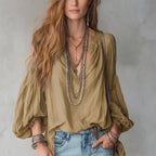 Split V-Neck Puff Long Sleeve Loose Textured Blouse