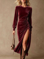 Velvet Ruched Side‑Slit Long‑Sleeve Midi Dress