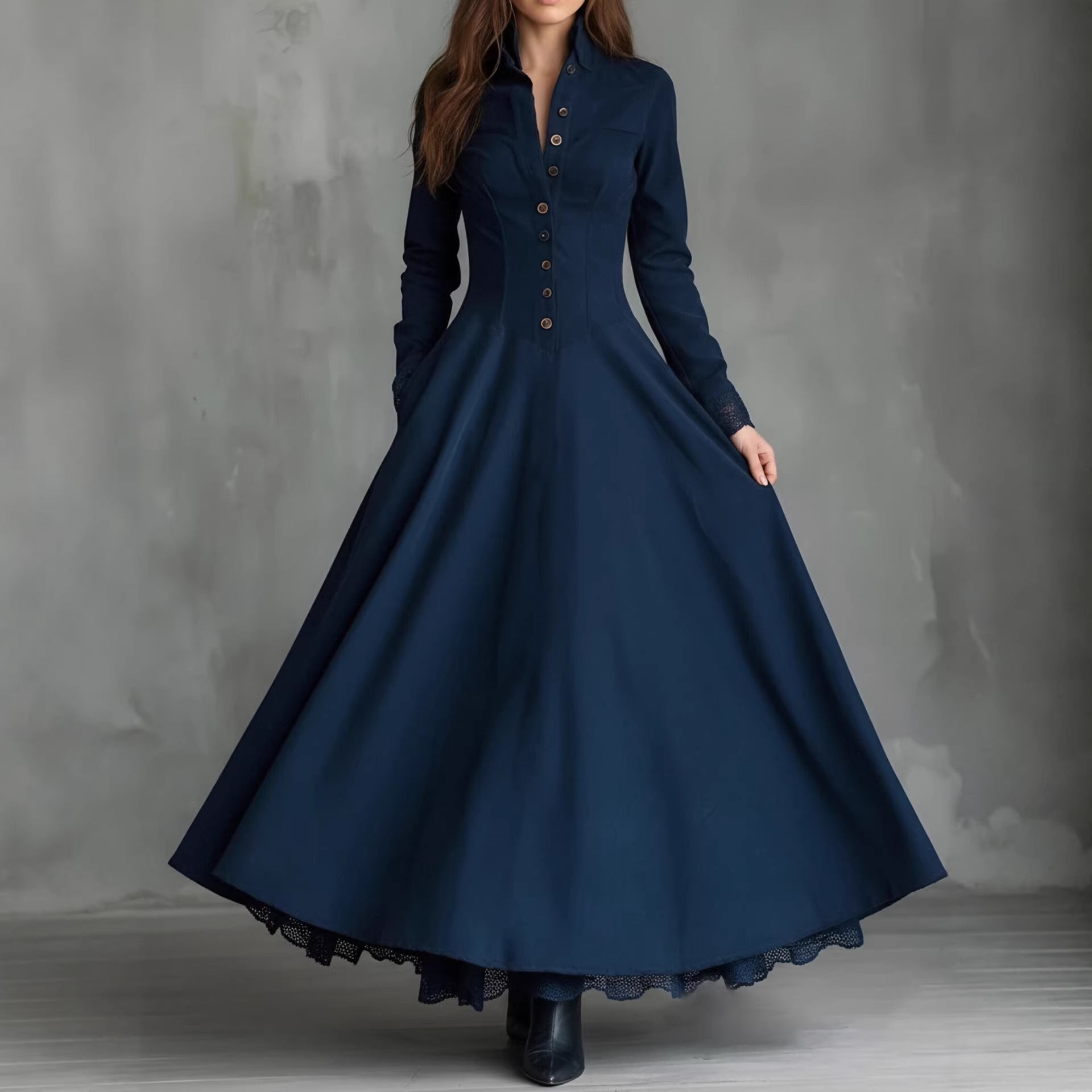 Women'S Vintage Stand‑Collar Button‑Front Maxi Dress