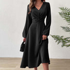 V‑Neck Twist‑Knot Waist Long‑Sleeve Midi Dress
