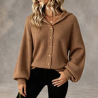 Vertical Rib Knit Hooded Button Down Balloon Sleeve Cardigan