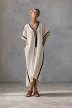 Linen Blend V-Neck Kaftan Dress
