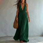Halter Deep V Gathered Empire Waist Flowy Chiffon Maxi Dress
