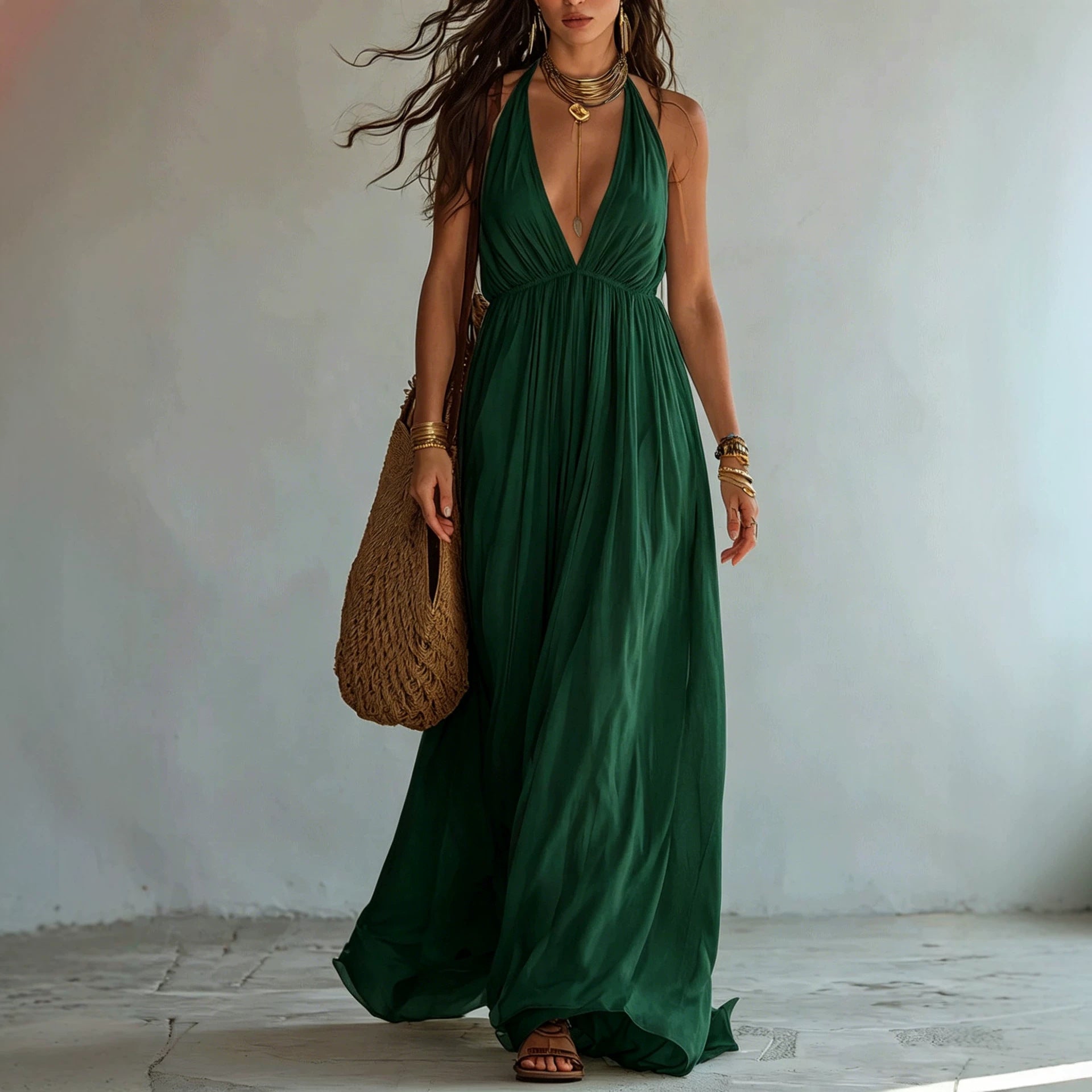 Halter Deep V Gathered Empire Waist Flowy Chiffon Maxi Dress