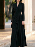 Women's V Neck Long Sleeve Wrap Pleated Maxi Formal Dress