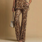 Leopard Print Rhinestone Halter Tank & High Waist Wide Leg Pants 2 Piece Matching Set