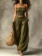 Spaghetti Strap Crop Top Baggy Harem Pants Boho Resort Wear Set