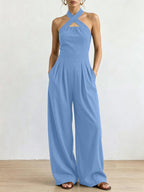 Crisscross Halter Keyhole Cutout High Waist Wide Leg Pantsuit with Pockets