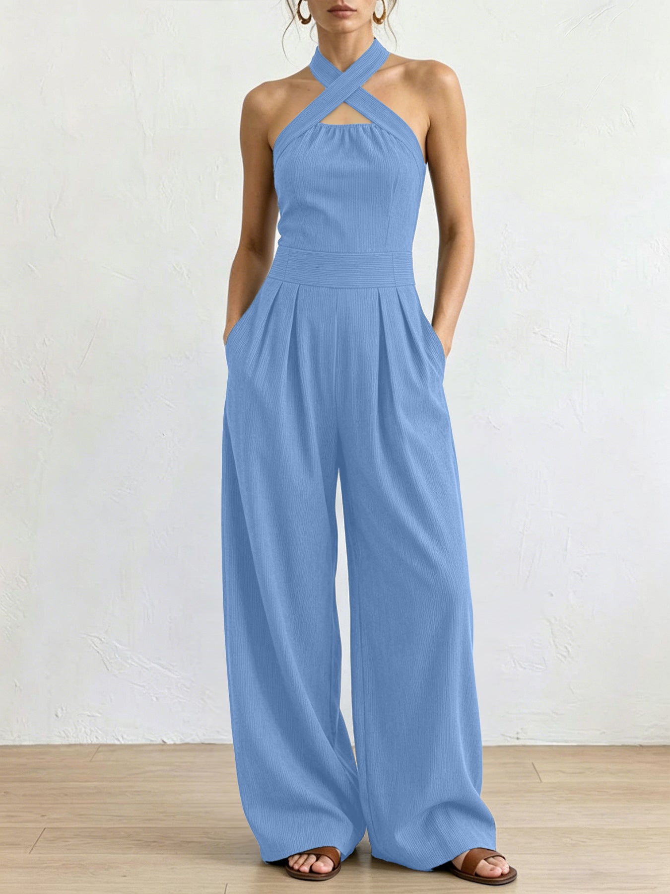 Crisscross Halter Keyhole Cutout High Waist Wide Leg Pantsuit with Pockets