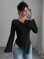 Women's White Ribbed V Neck Flare Long Sleeve Asymmetric Hem Slim Knit Top