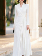 Women's V Neck Long Sleeve Wrap Pleated Maxi Formal Dress