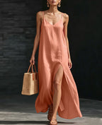 Spaghetti Strap V-Neck High Side Slit Loose Shift Vacation Dress