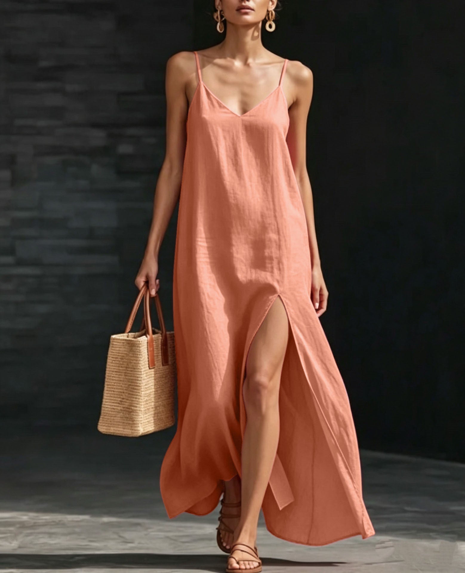 Spaghetti Strap V-Neck High Side Slit Loose Shift Vacation Dress