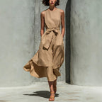 Sleeveless Tie Waist Layered Linen Midi Dress