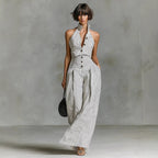 White Black Vertical Stripe Halter High Waist Wide Leg Jumpsuit