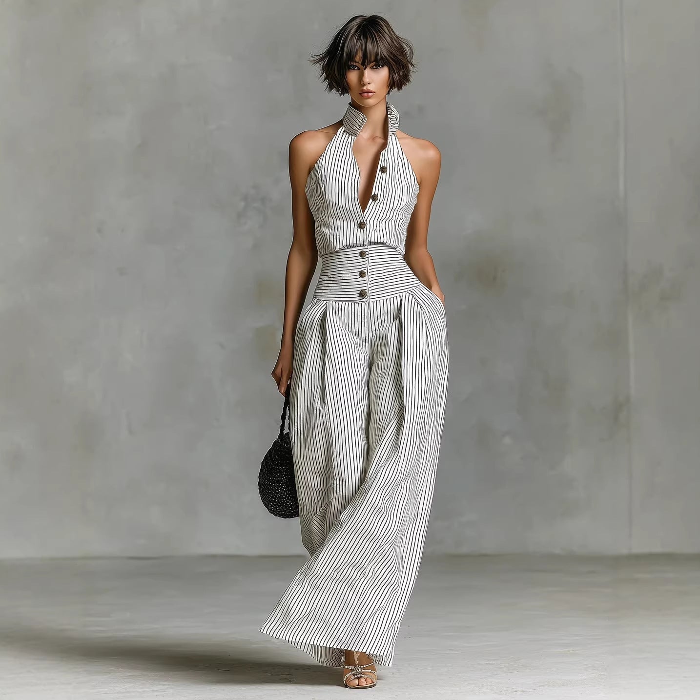 White Black Vertical Stripe Halter High Waist Wide Leg Jumpsuit
