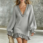 Women'S Ribbed Knit Leopard‑Trim V‑Neck Balloon Sleeve Mini Dress