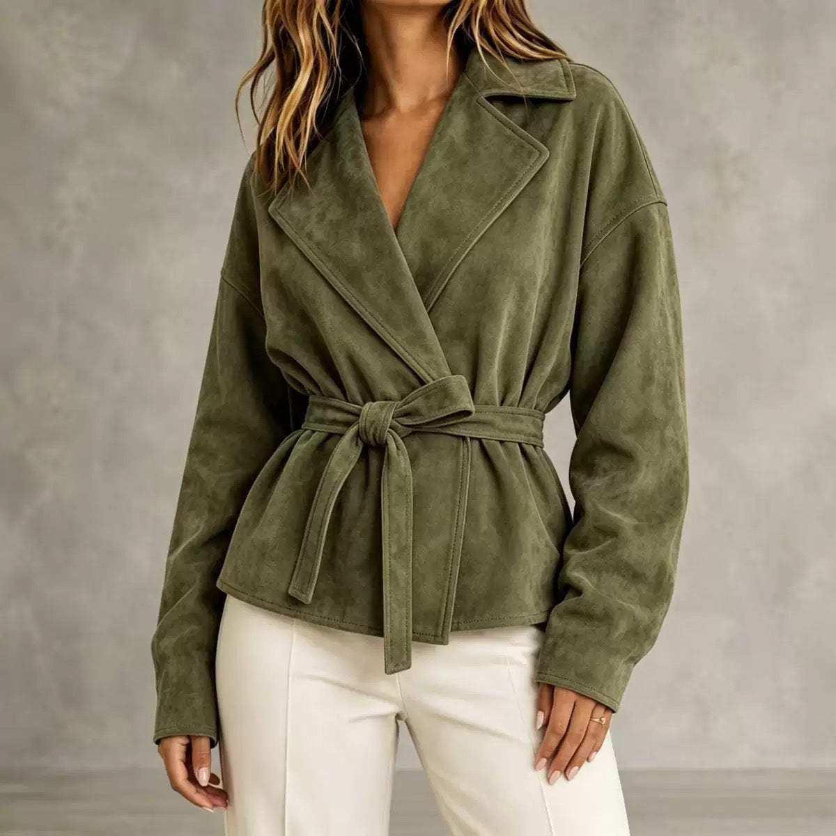 Women's Faux Suede Wrap Jacket with Self-Tie Belt