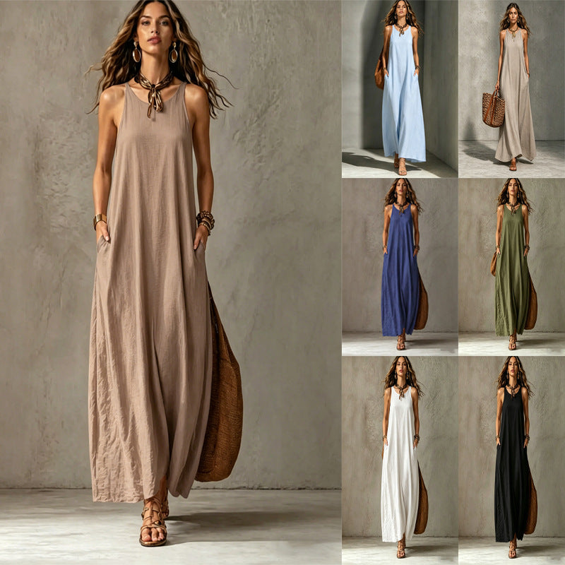 Textured Sleeveless Round Neck Pocketed Maxi Tent Dress