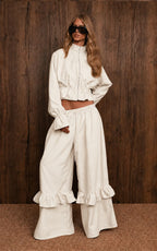 Casual Dusty Lavender Cropped Jacket and Flared Ruffle Pant Set