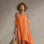 Vibrant Orange Cold-Shoulder High-Low Maxi Dress