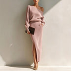 Vintage Elegant Knitted Fabric Off-shoulder Top And Skirt Two-piece Set