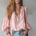 Split V-Neck Puff Long Sleeve Loose Textured Blouse