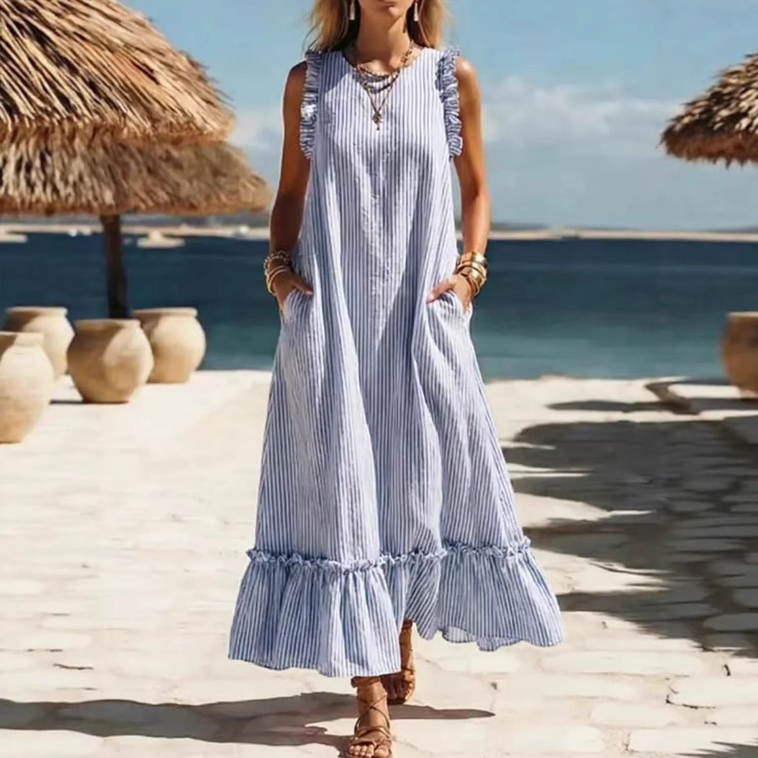 🌊 Coastal Striped Ruffle Maxi Dress