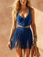 Suede Zipper Vest + Tassel Skirt Western Style Two-Piece Set