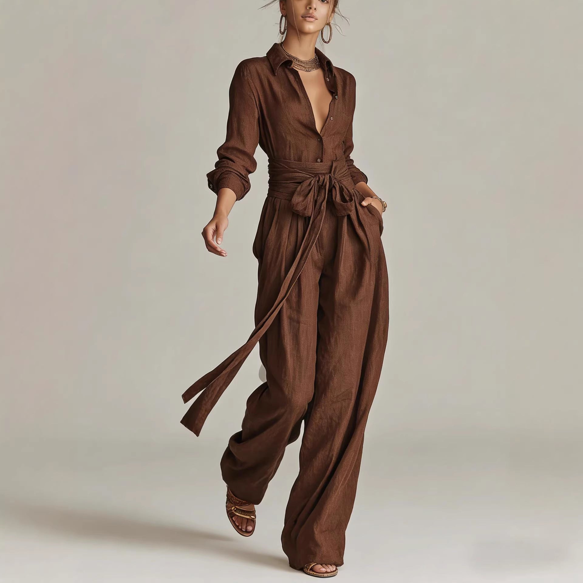 Women'S Shirt‑Style Self‑Tie Belt Wide‑Leg Jumpsuit