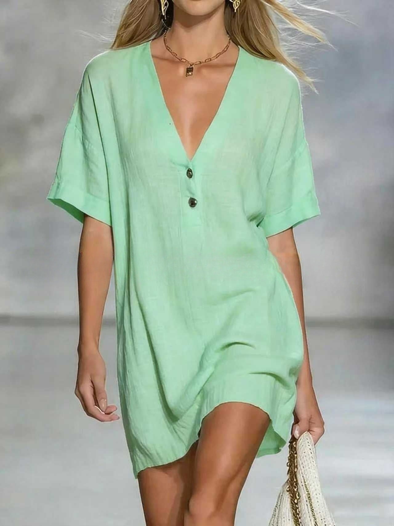 Effortless Chic Linen-Blend V-Neck Shirt Dress