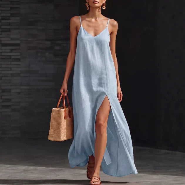 Spaghetti Strap V-Neck High Side Slit Loose Shift Vacation Dress