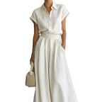 Cap Sleeve Collared Shirt & High Waist Wide Leg Pants Two Piece Set