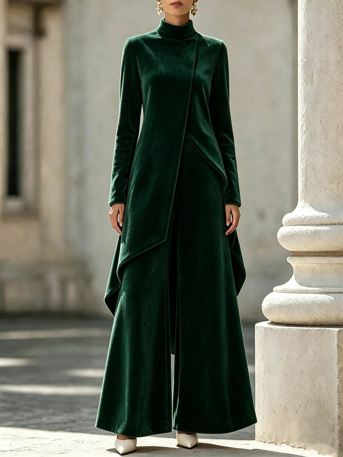 Velvet Asymmetrical Turtleneck Two-Piece Set
