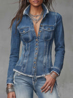 Frayed-Edge Fitted Denim Jacket — Medium Wash