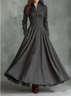 Women'S Vintage Stand‑Collar Button‑Front Maxi Dress