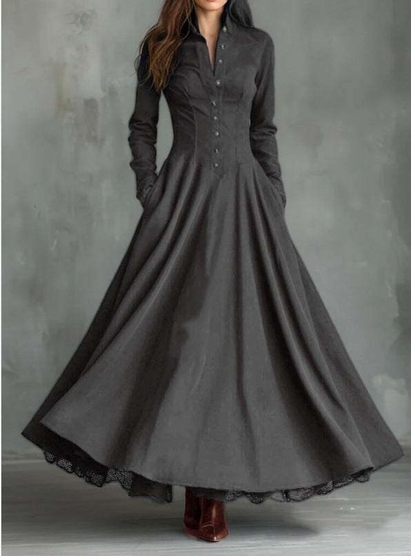 Women'S Vintage Stand‑Collar Button‑Front Maxi Dress