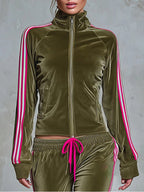 Women’s Striped Side Zip Up Velvet Tracksuit 2 Piece Outfit