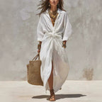 Women'S Solid Color Shirt Collar Single-Breasted Pocket Cardigan Long-Sleeved Casual Dress