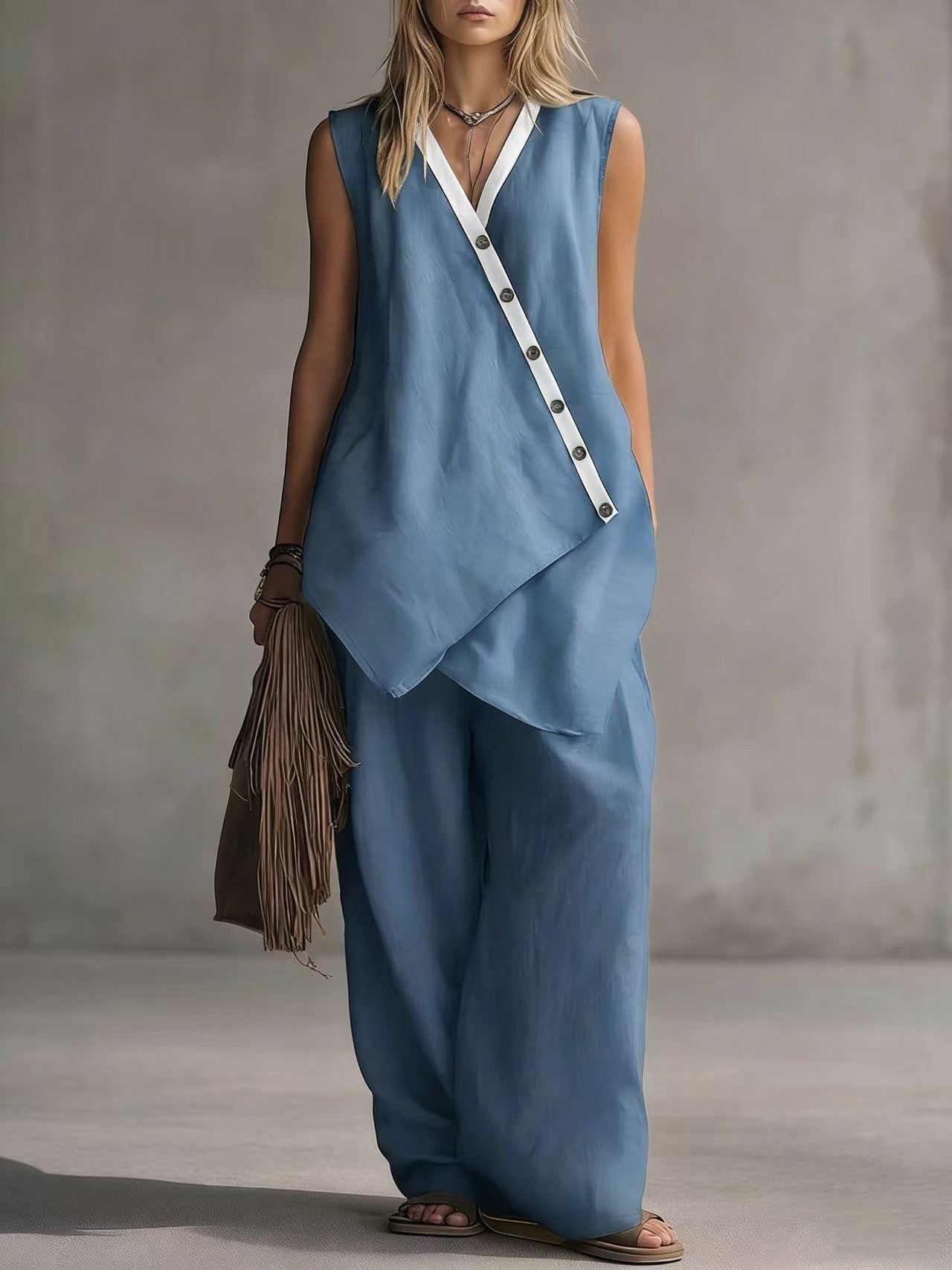 Bohemian V-Neck Irregular Button Vest Wide-Leg Pants Casual Suit