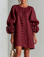 Women Blush Pink Fabric Floral Appliqué Balloon‑Sleeve Shift Mini Dress