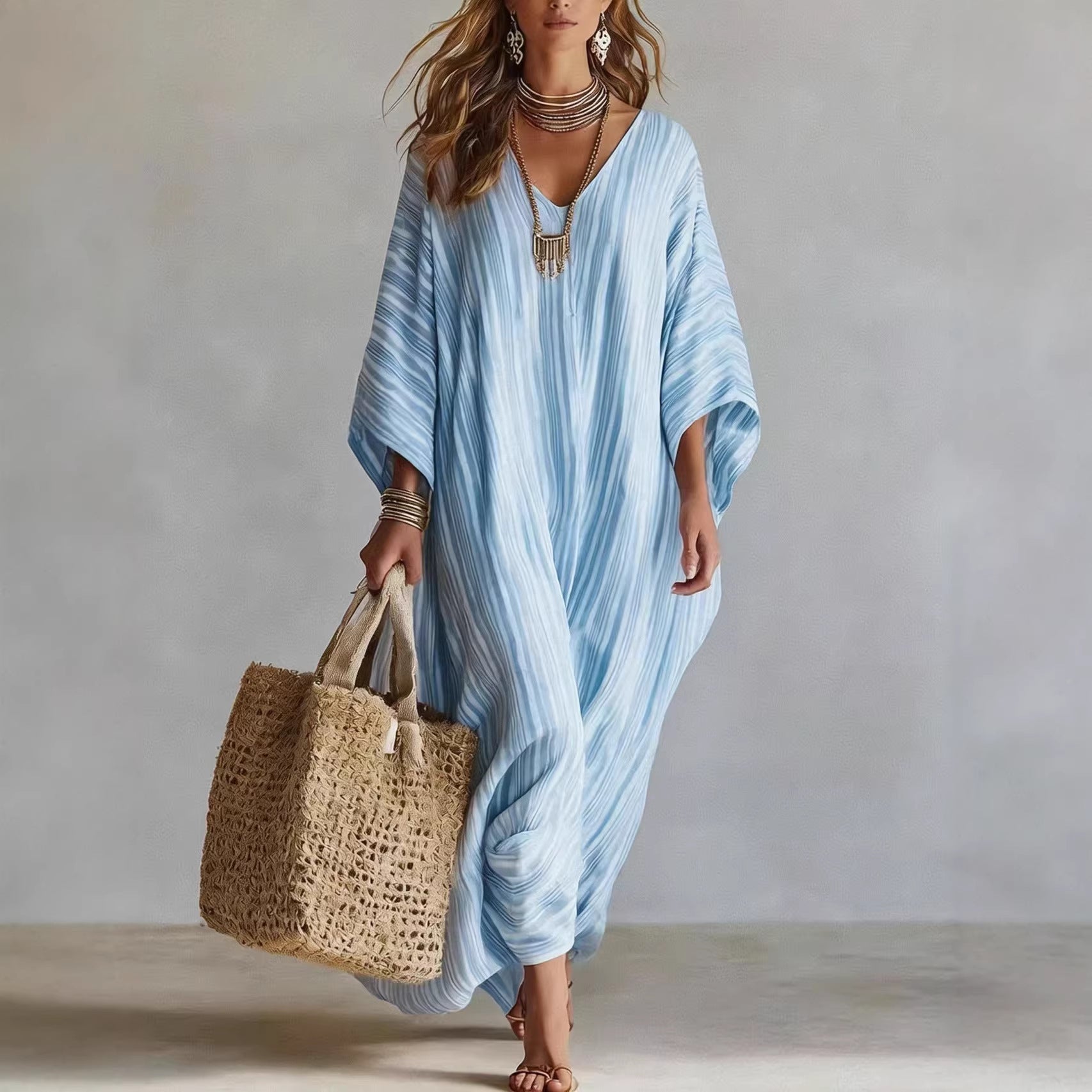 Women's Light Striped Linen-Blend Kaftan Maxi Dress - Oversized V-Neck Beach Cover-Up