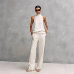 Women's Elegant Cotton And Linen Round-neck Sleeveless Top And Trousers Set